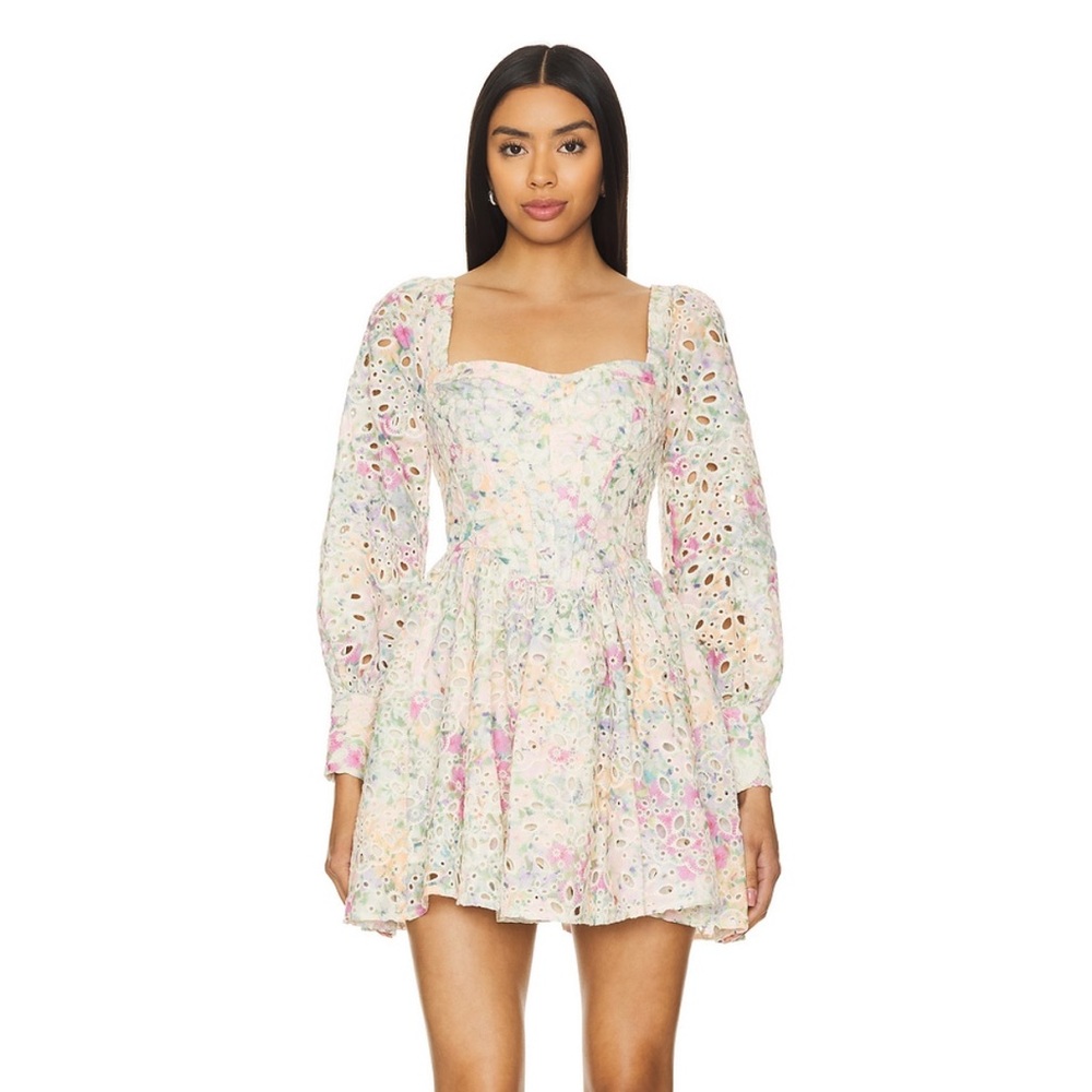 Square-Neck Floral Eyelet Mini Dress in Pastel Pink